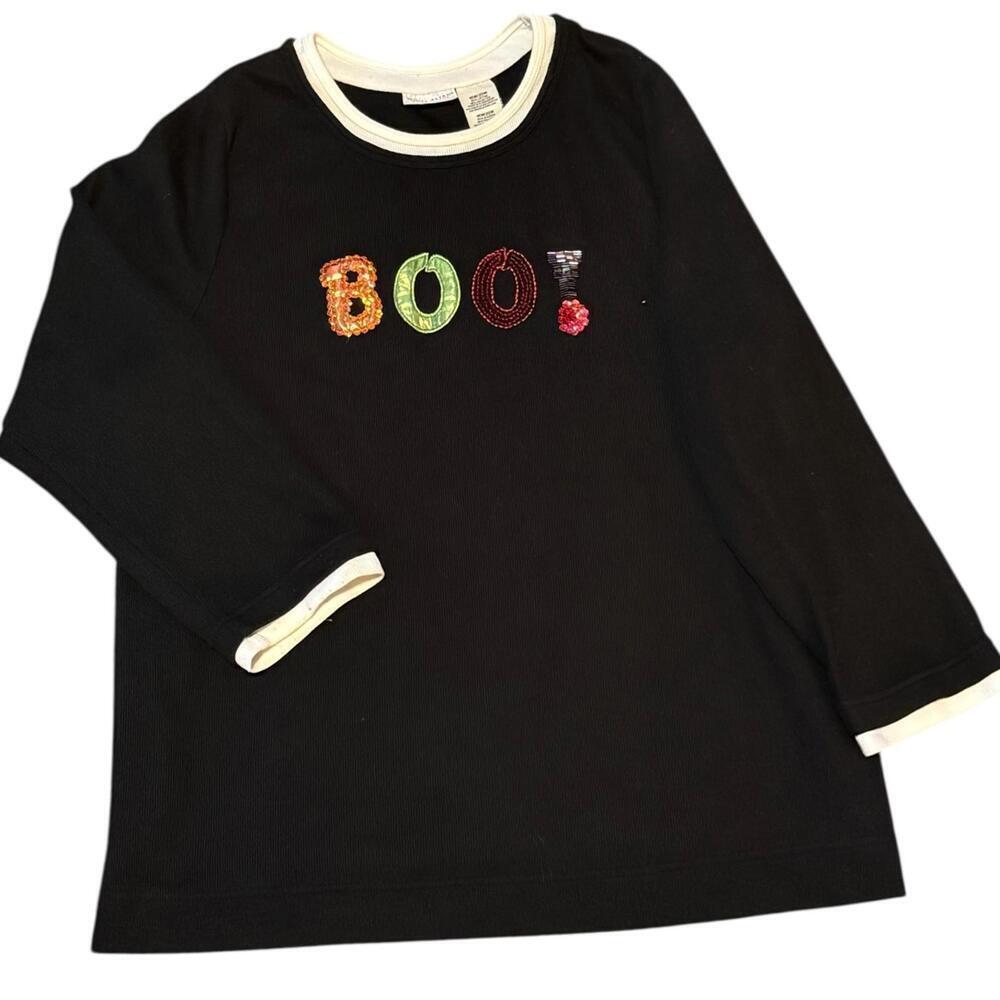 White Stag Plus Sequin BOO Halloween Top 18W/20W Black Fall Festive Tee